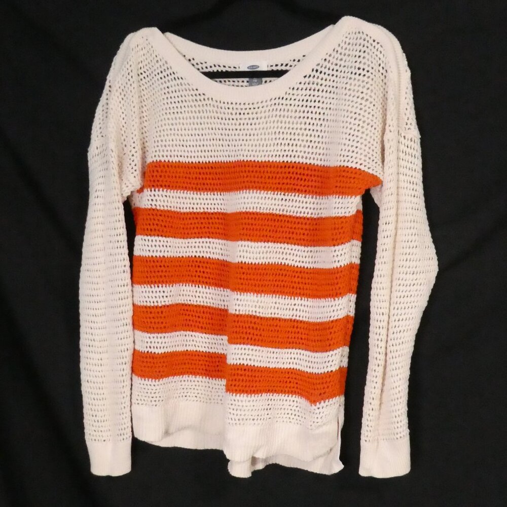 OLD NAVY | xl - extra large | White Open-Knit Orange Striped Sweater